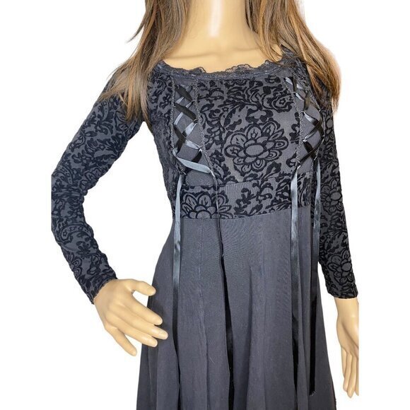 Royal Bones Dang Goodman Goth Black Velvet Lace Top Midi Dress Size Small - Picture 2 of 9